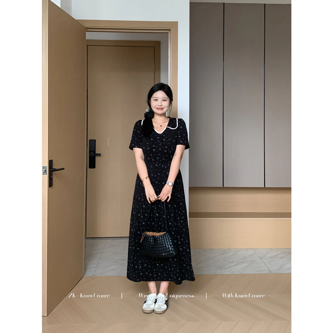知葵微胖定制【游园会】初秋V领翻领碎花印花显瘦连衣裙12243L1377