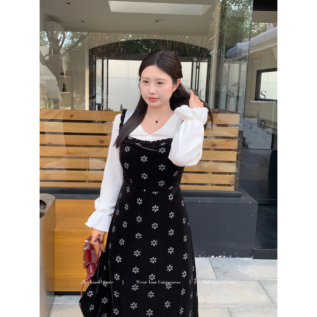知葵微胖定制【星月女神】韩系收腰丝绒绣花套装连衣裙12243TZ1271