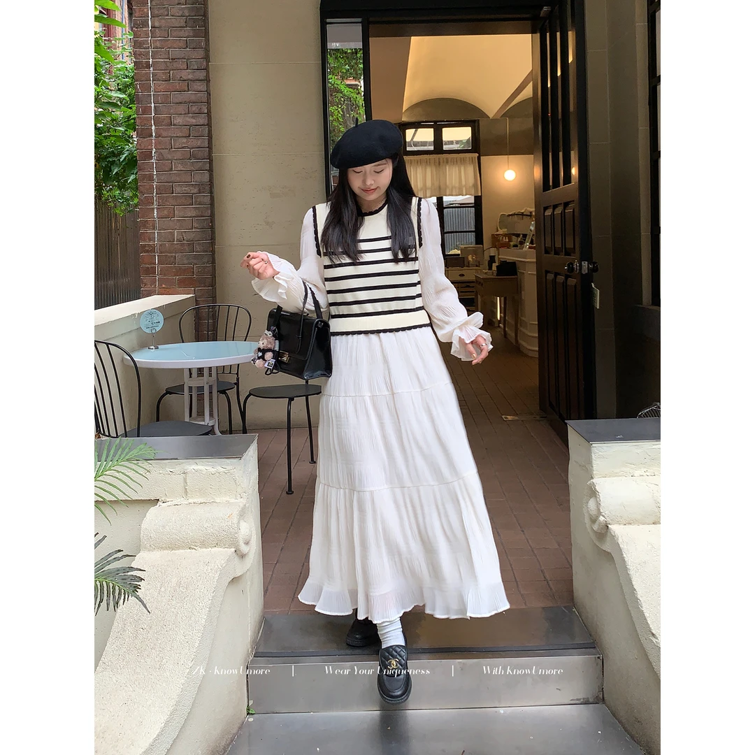 知葵微胖定制【圣托里尼】韩系假两件温柔风条纹连衣裙12243L4623