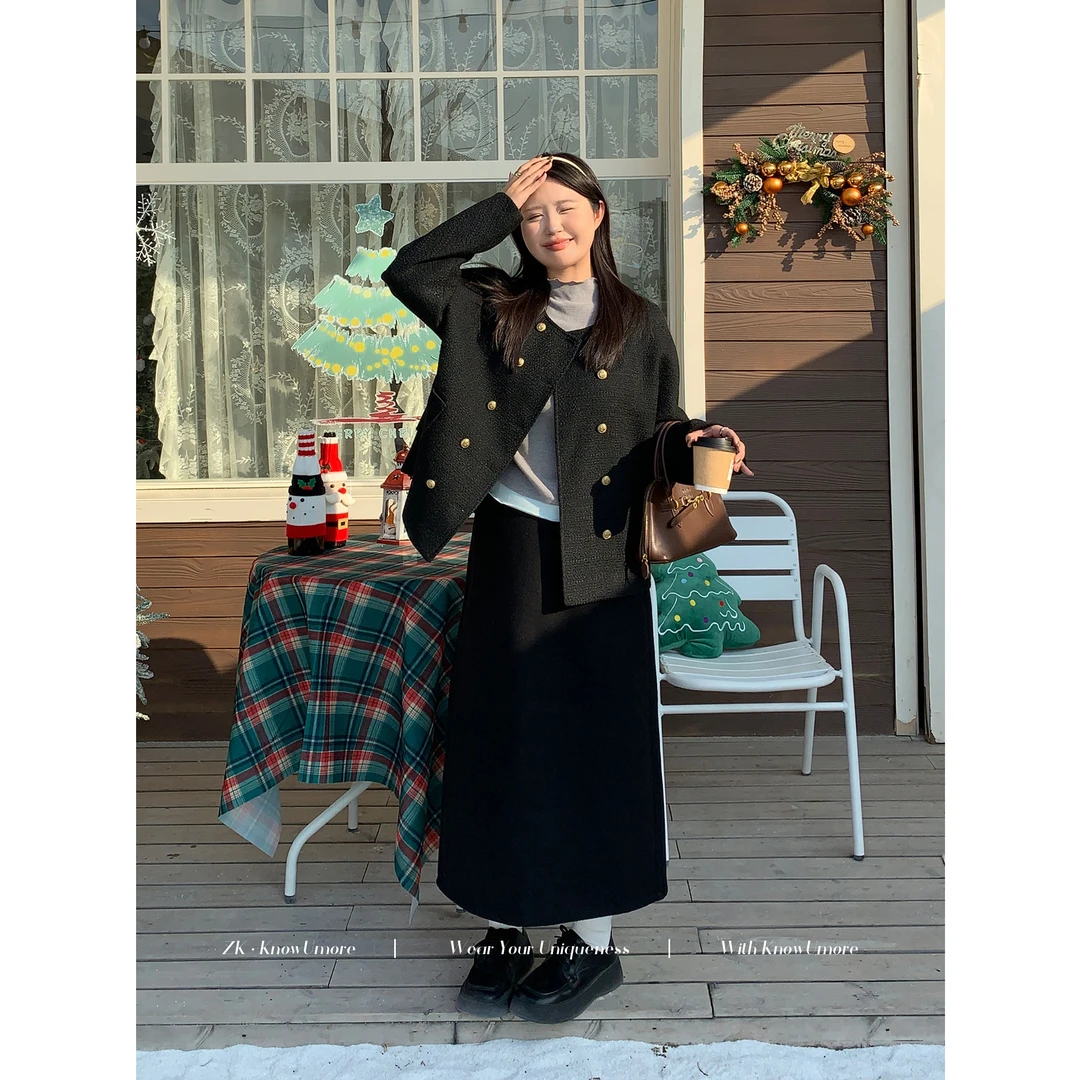 知葵微胖定制【缪斯法则】秋季显瘦气质百搭毛呢半身裙12242B9984