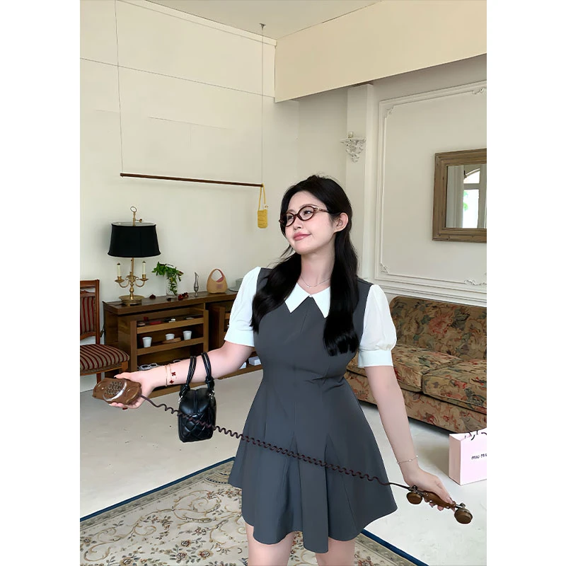 知葵微胖定制【仲夏甜妹】夏季假两件Polo领学院风连衣裙12241L4942