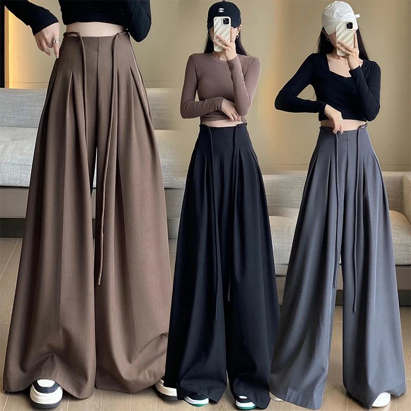 卡其/灰色西装阔腿裤女秋冬季新款高级垂感绑带直筒休闲拖地长裤