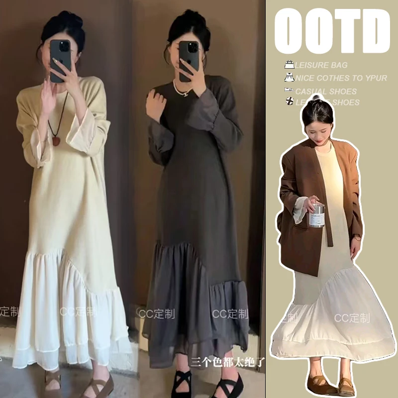 孕妇中长款针织连衣裙女秋冬新款设计感喇叭袖拼接长款鱼尾裙韩版