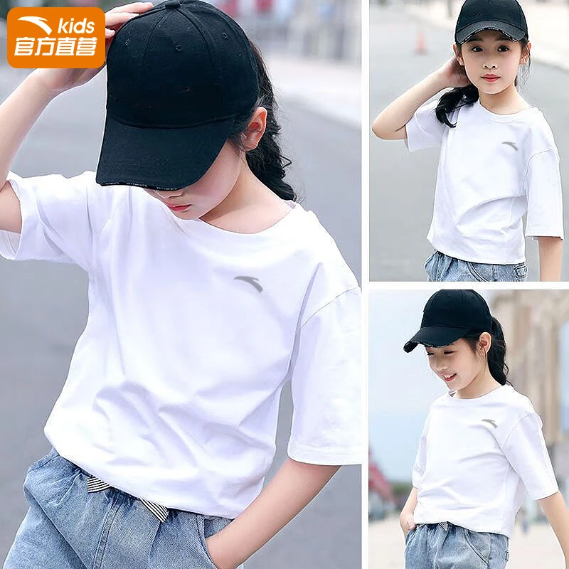 安踏女童短袖T恤夏季速干透气白色女孩中大童运动跑步儿童半袖男