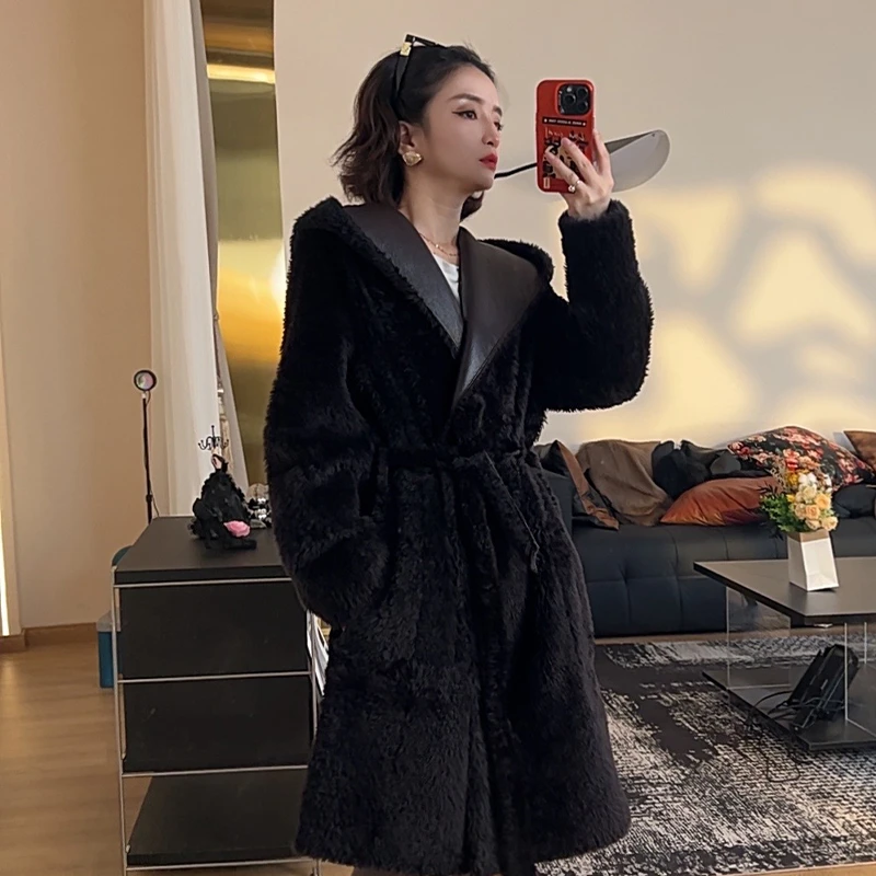 爱乐之城 西班牙进口拉贡LACON长款连帽双面穿皮毛一体外套风衣女