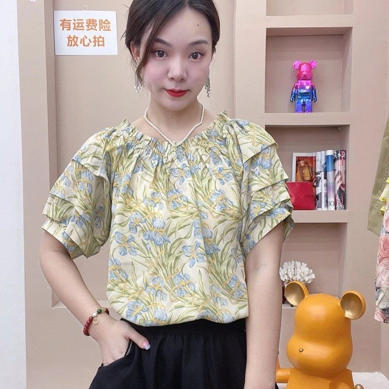 短袖碎花小衫女时尚气质显瘦减龄夏季印花宽松洋气法式泡泡袖上衣