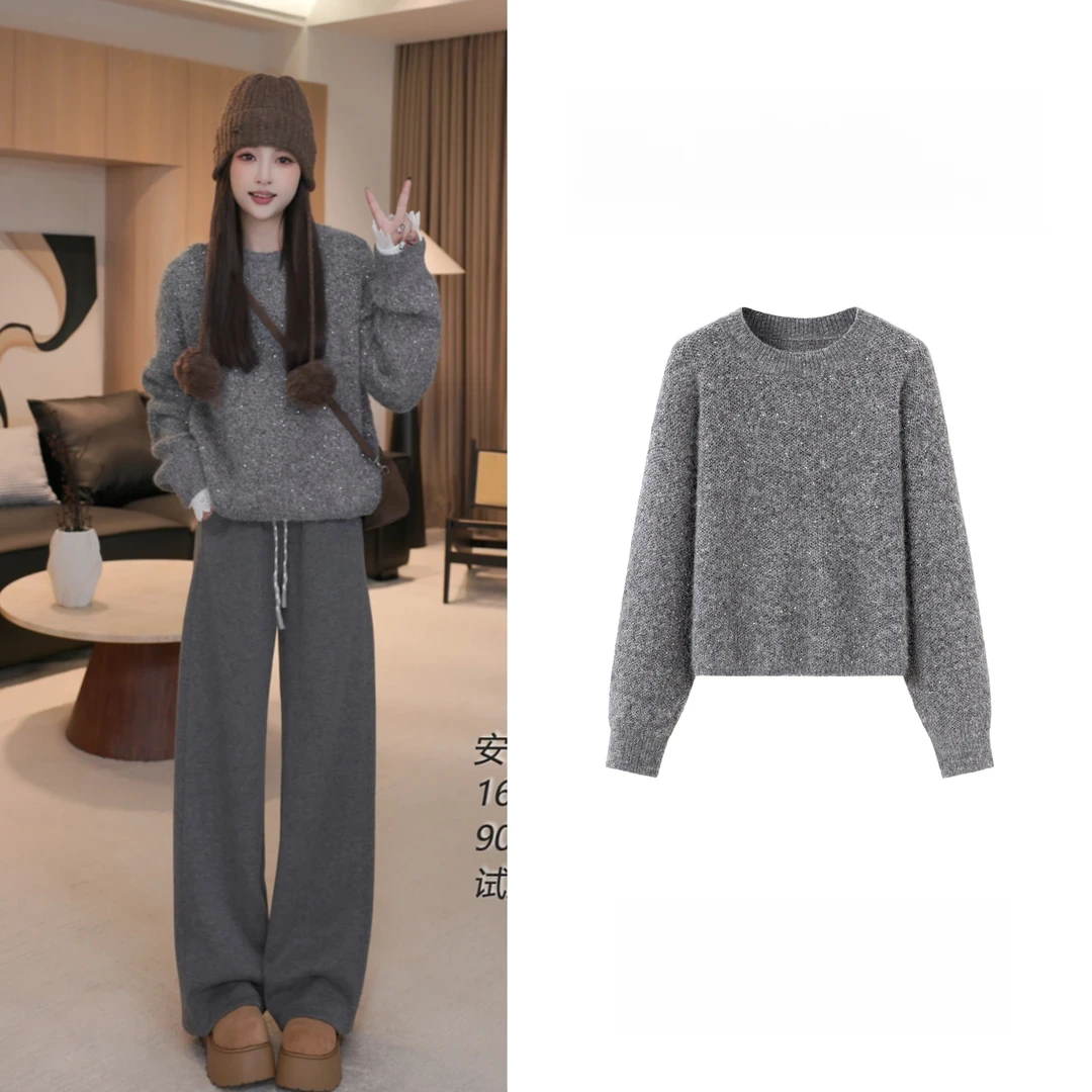 【芬兰日记】冬季新款时尚百搭小众慵懒休闲纯色亮片套头毛衣8851