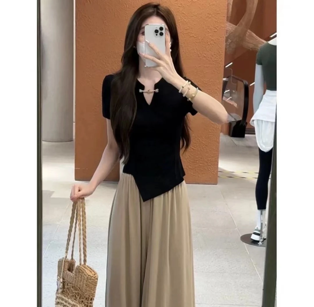 2025新款显瘦夏季不规则短袖复古气质中国风v领裤裙套装国风套装