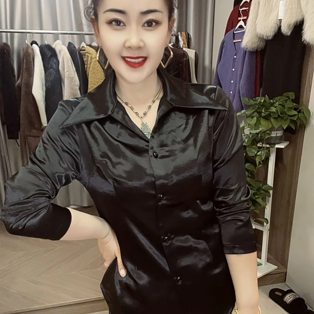 秋冬时尚气质显瘦长袖缎面网红衬衣女修身设计感气质洋气百搭上衣