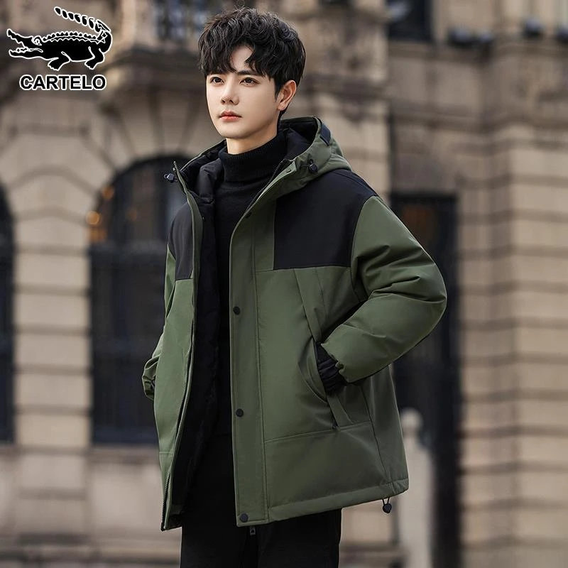 鳄鱼羽绒服男士冬季新款加厚防寒派克服青年韩版撞色连帽工装外套
