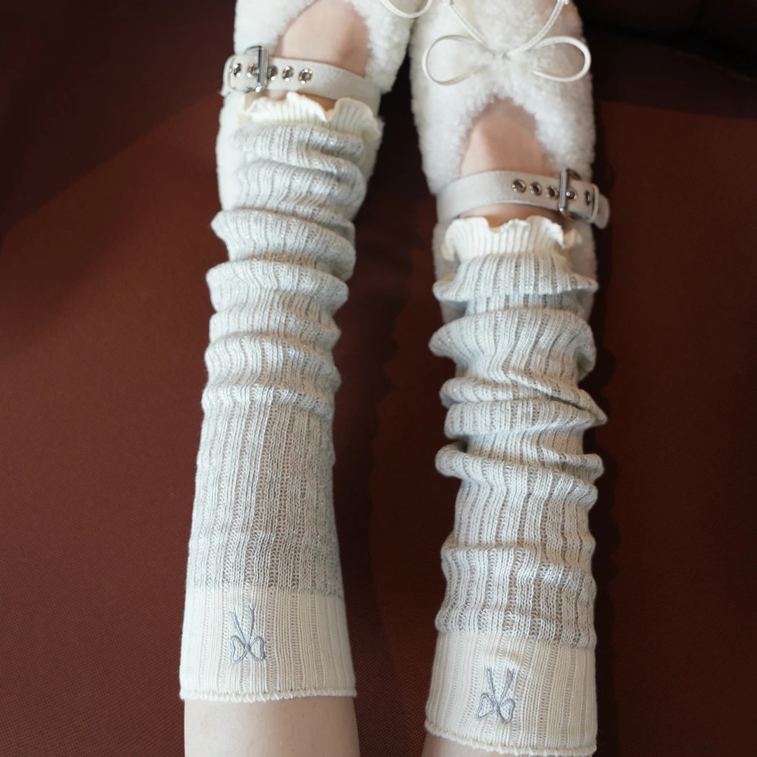 蝴蝶结刺绣堆堆袜女秋冬日系jk辣妹小腿袜针织银丝袜套