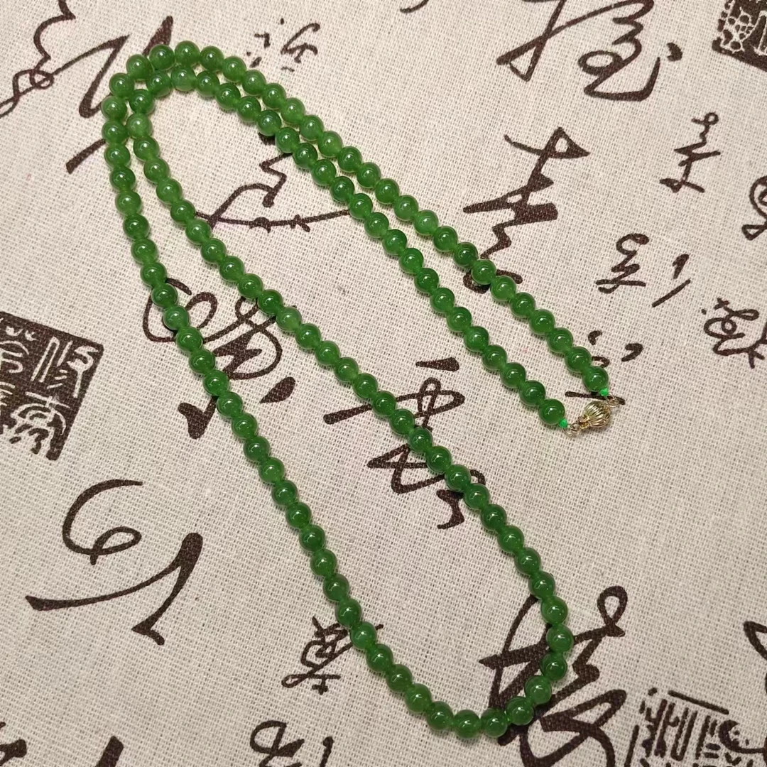 俄料碧玉圆珠约6mm108项链18K金扣头项链