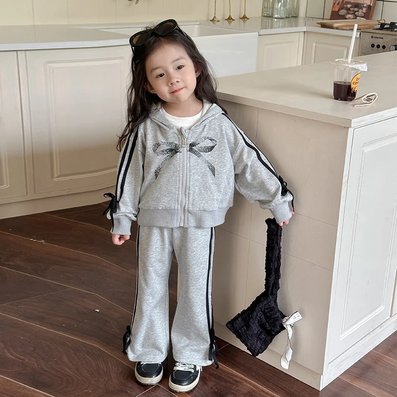 朵橙2024秋季童装女童长袖卫衣套装儿童蝴蝶结开衫外套长裤两件套