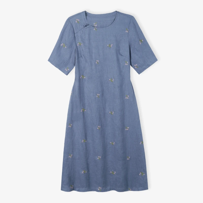 KA68192新中式亚麻连衣裙夏季女装新国风立体刺绣中裙连衣裙