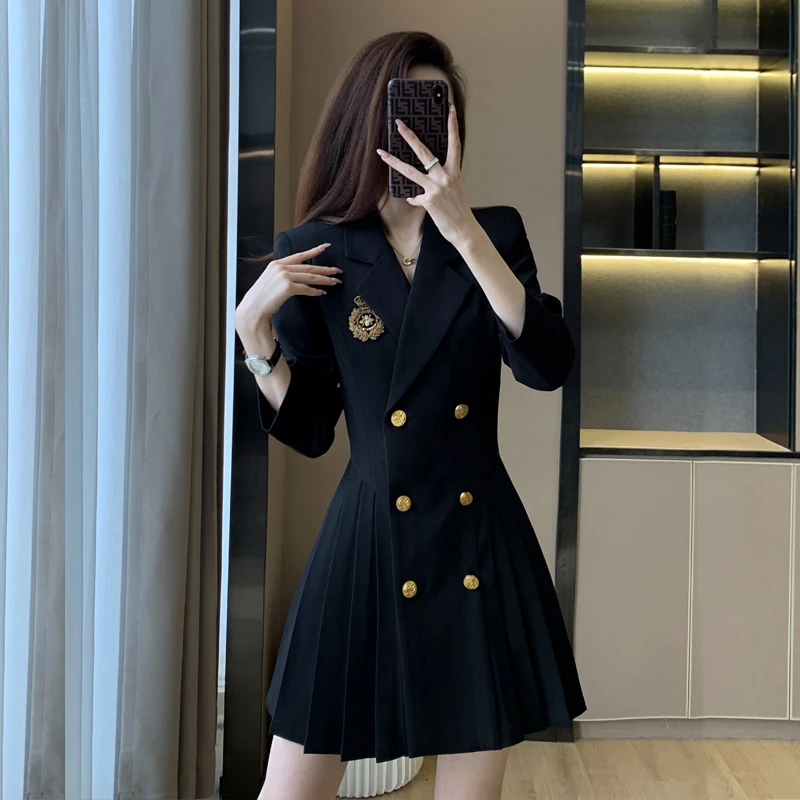 秋装2024年新款女装小个子学院风黑色连衣裙女春秋显瘦百褶西装裙