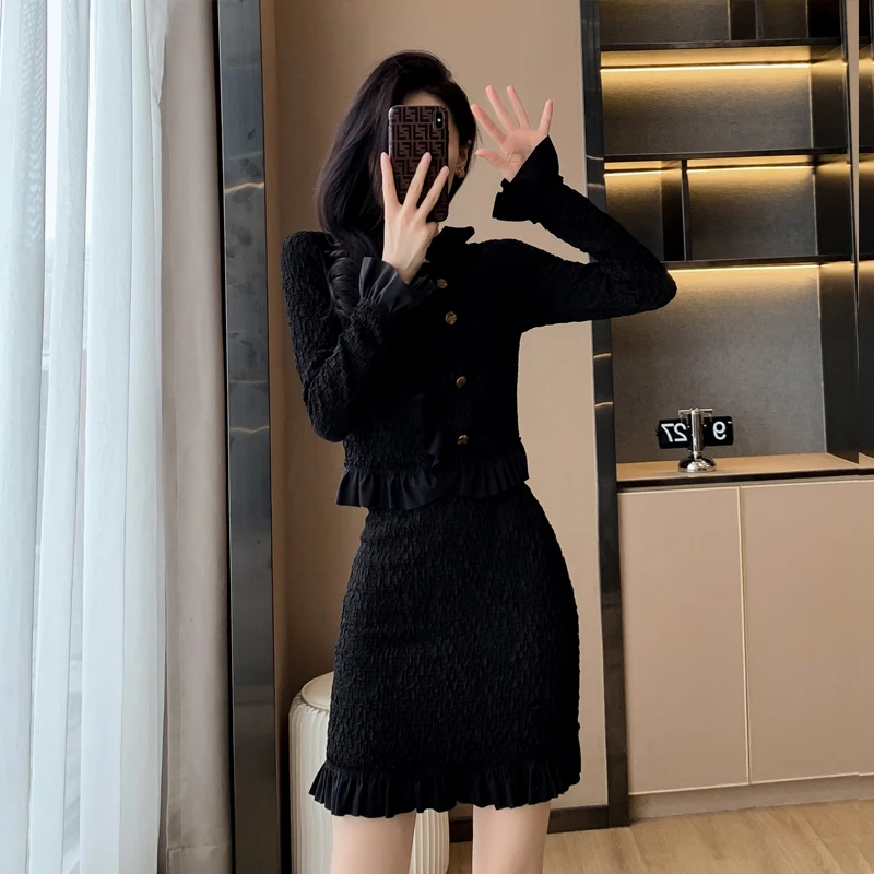 高级感时尚小香风春秋新款女装黑色长袖套装显瘦小个子穿搭两件套