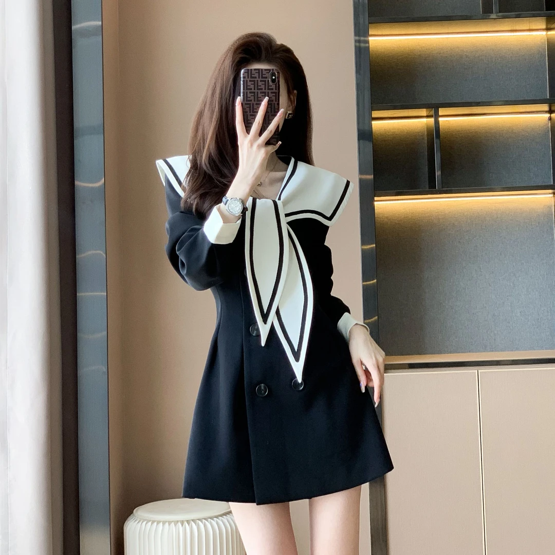 【清仓】春秋新款法式学院风连衣裙女通勤显瘦气质小个子拼接西装裙