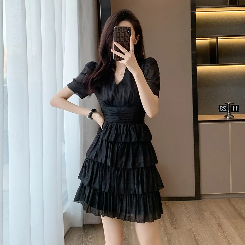 夏季新款法式黑色赫本风连衣裙女装小个子显瘦高级感气质蛋糕裙子