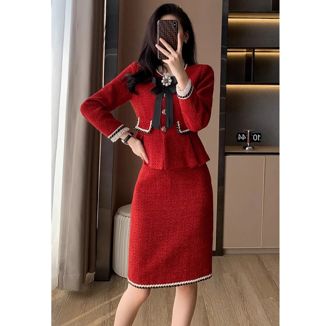 红色小香风套装裙女装秋季新款半身裙时尚名媛裙子两件套高级感