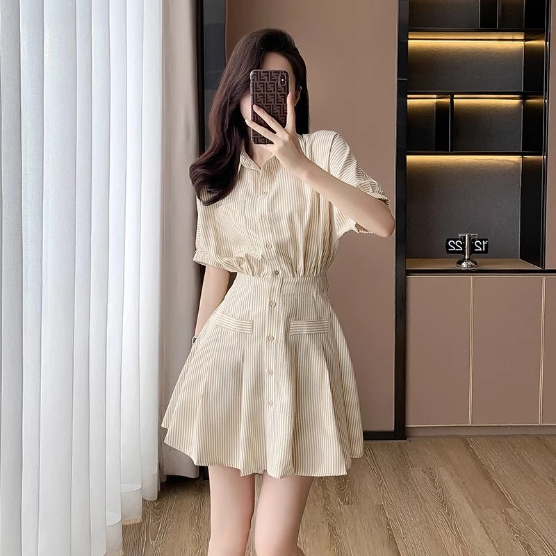 法式假两件条纹衬衫连衣裙女夏季新款2024小个子气质polo领裙子