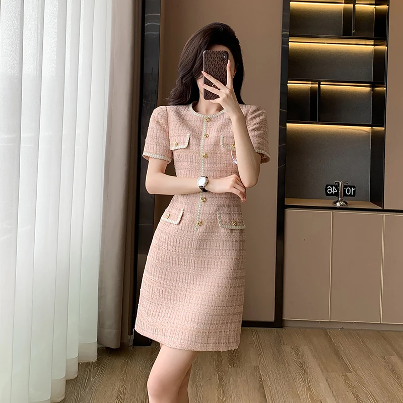 夏季新款时尚气质小香风粉色裙子收腰显瘦法式茶歇洋气女装连衣裙