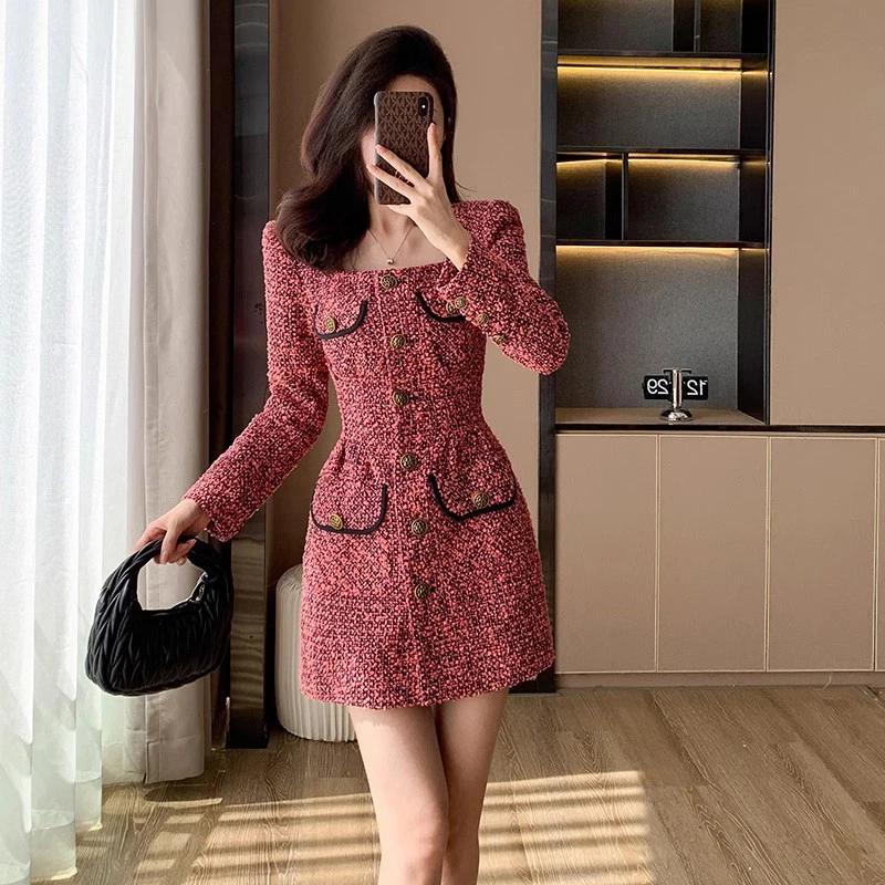 高级感时尚粗花呢法式小香风连衣裙女秋季新款小个子名媛复古裙子