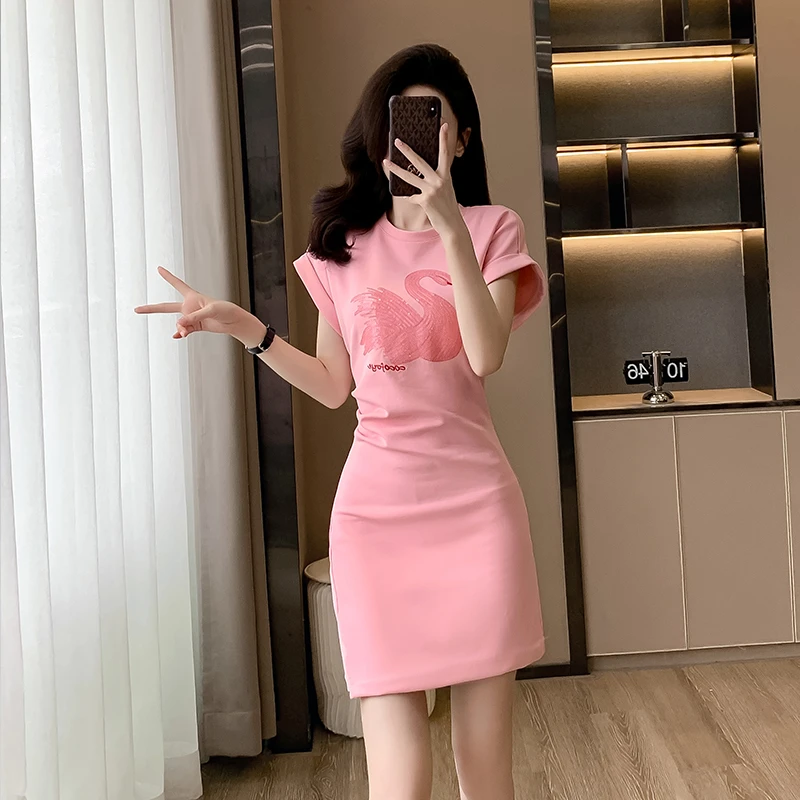 粉色短袖t桖连衣裙女夏季新款显瘦时尚洋气高级感休闲气质短裙子