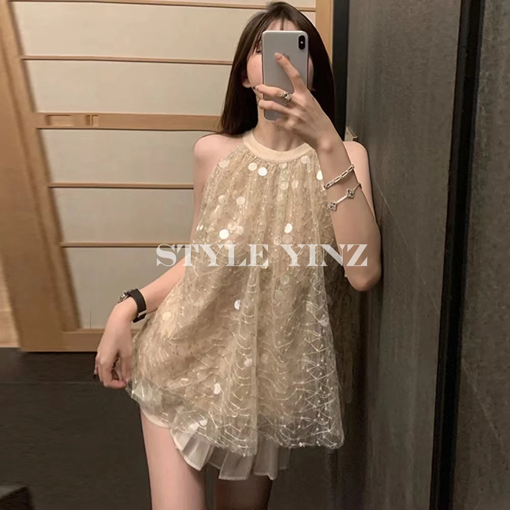 【银子】星河亮片纯欲风挂脖无袖连衣裙XS40210A