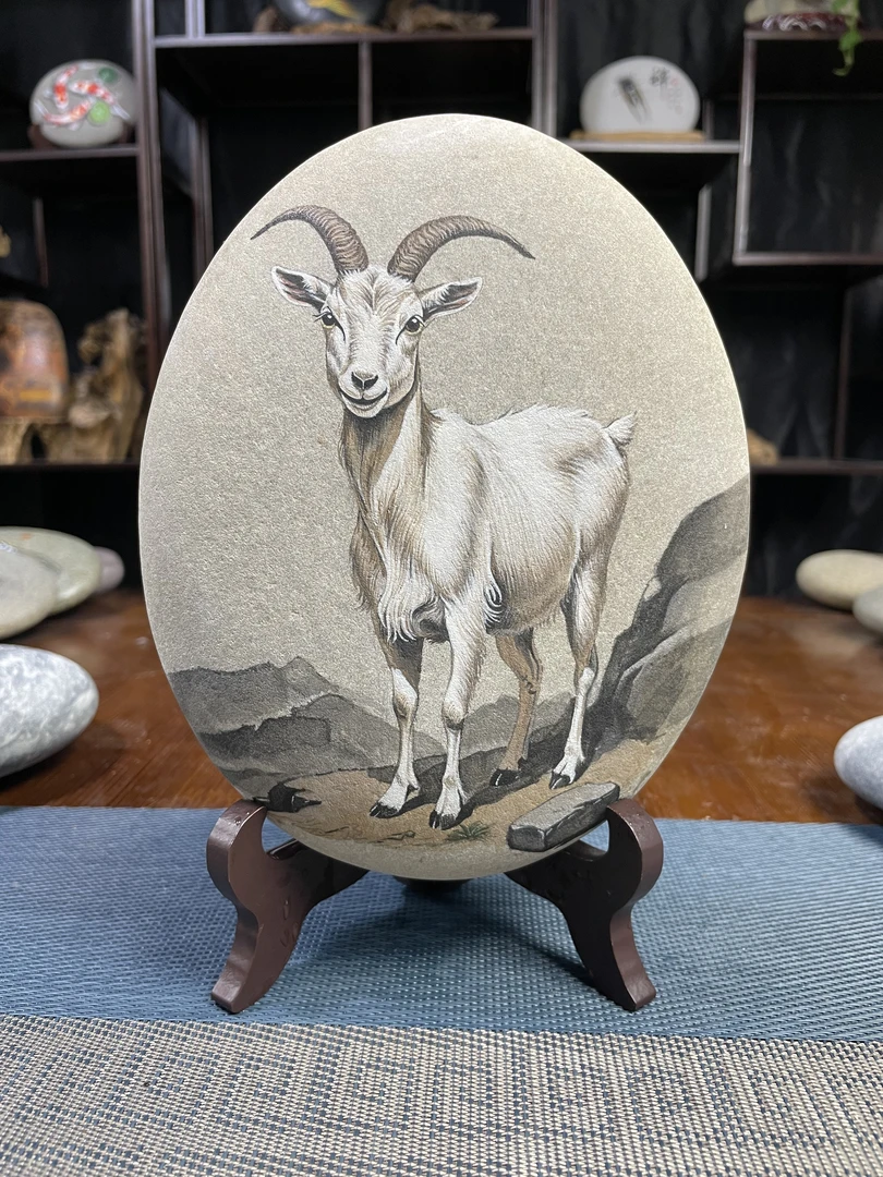 石头小哥中式生肖羊陶瓷手工石头画摆件摆设室内玄关工艺品创意