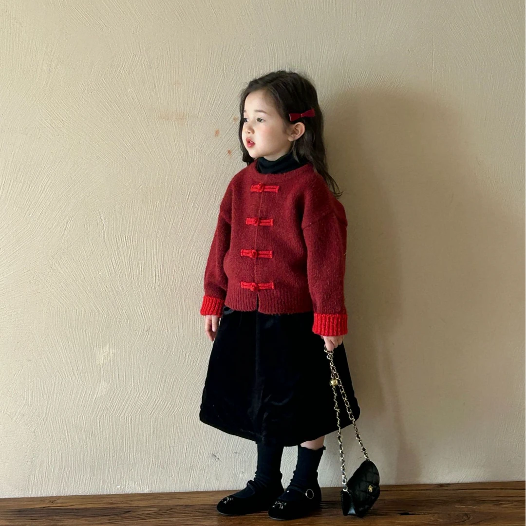 2024冬季新中式女童复古盘扣袖口撞色新年红色开衫年服丝绒棉裙