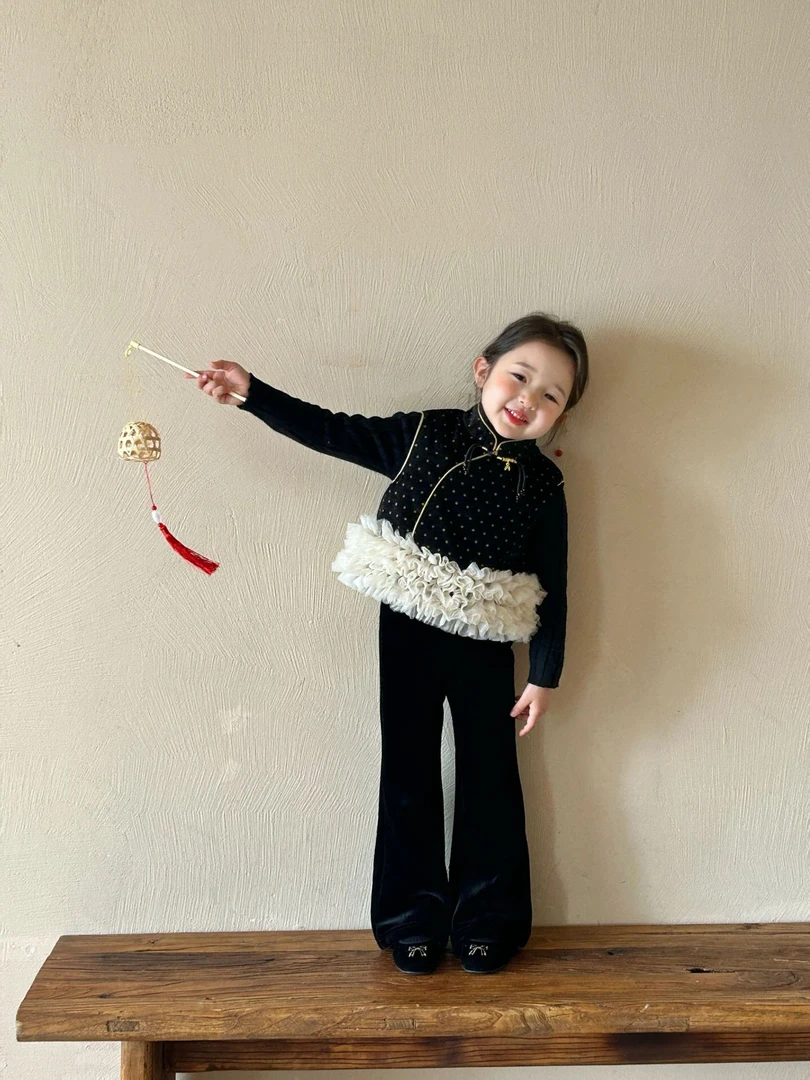 2025冬季新款童装时尚国风中式女童丝绒盘扣立领旗袍套装年服旗袍