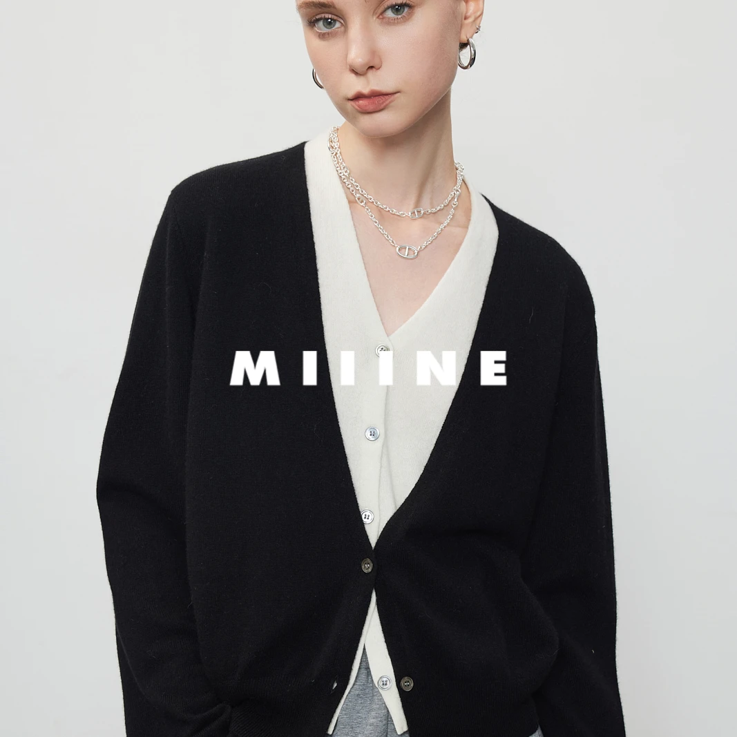 Miiine【瑶琴】假两件V领灰色撞色针织打底开衫外套长袖上衣女