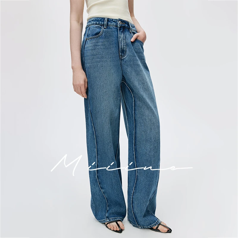 Miiine剪裁分割设计树枝纹扭曲边重磅复古牛仔阔腿裤夏款