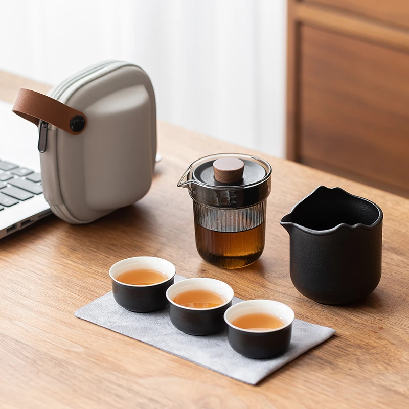 陶瓷快客杯一壶三杯户外露营便携式旅行茶具套装简约手抓壶收纳包