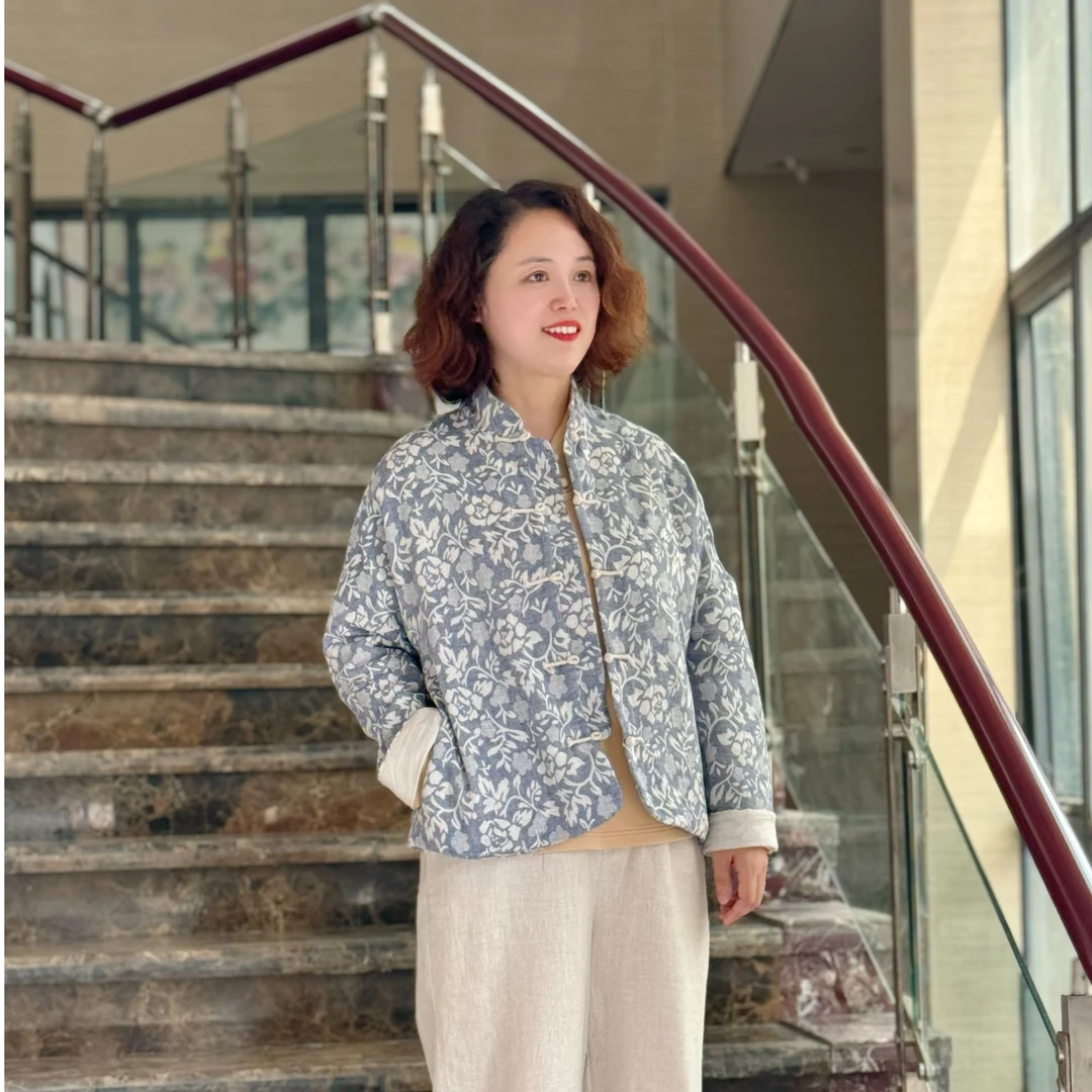 秋冬新款新中式国风复古上衣撞色手缝盘扣宽松舒适百搭外套H8028