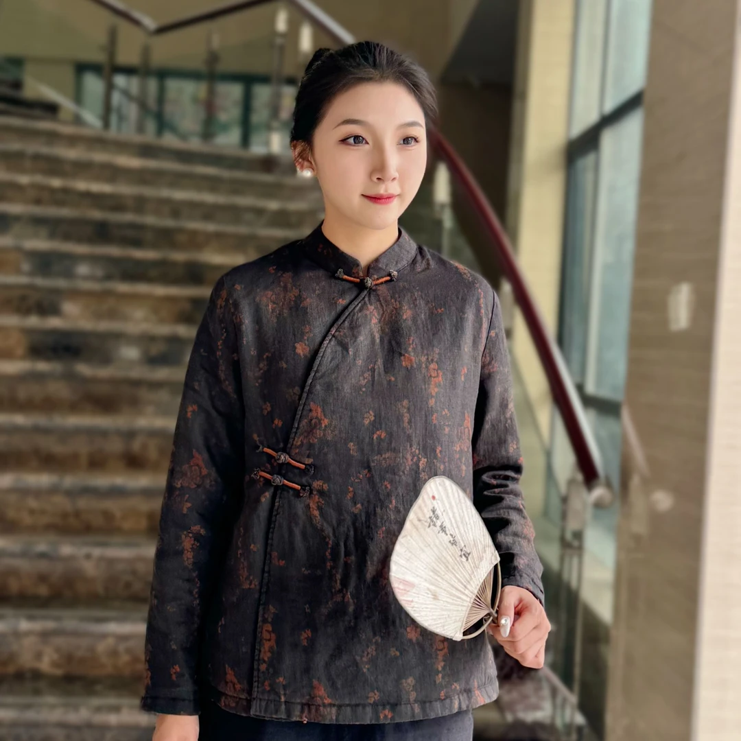 原创冬季中式斜襟香云亚麻莨麻加绒保暖上衣手工撞色绕线盘扣棉服