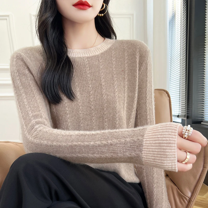 高端圆领花边女士纯羊毛衫100%纯羊毛打底