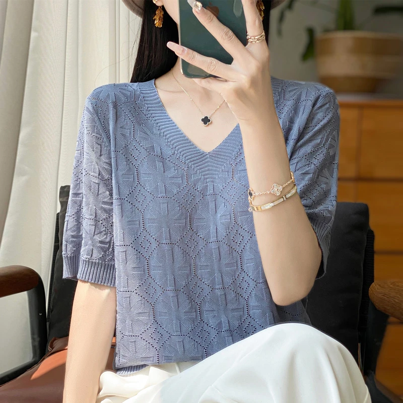 丝翻冰丝半袖女款v领提花531