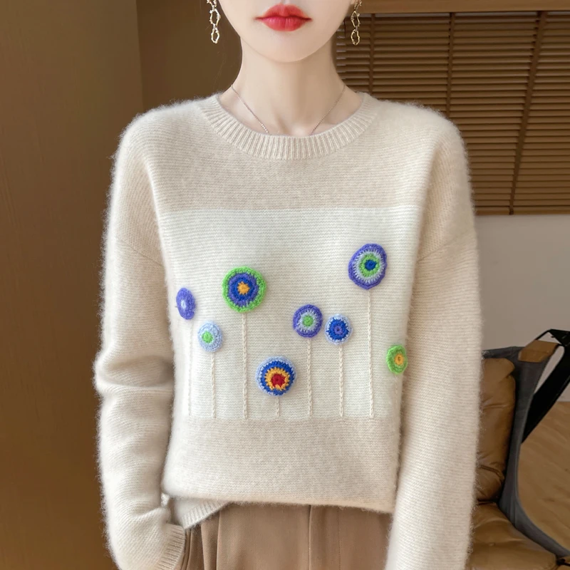 100纯羊毛冬季厚款时尚女圆领针织羊毛衫慵懒百搭女款毛衣打底