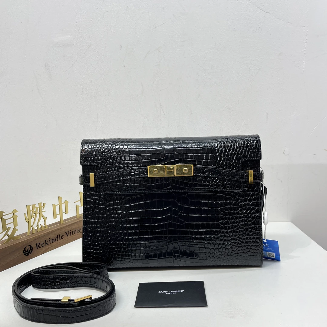 95新 YSL/圣罗兰 复燃精选/圣罗兰 黑金鳄压中号曼哈顿