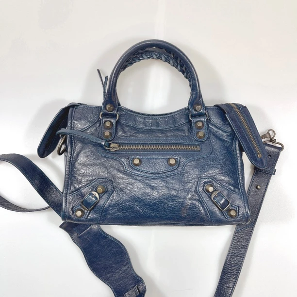 95新 Balenciaga/巴黎世家 复燃精选/蓝黑色机车citymini斜挎包
