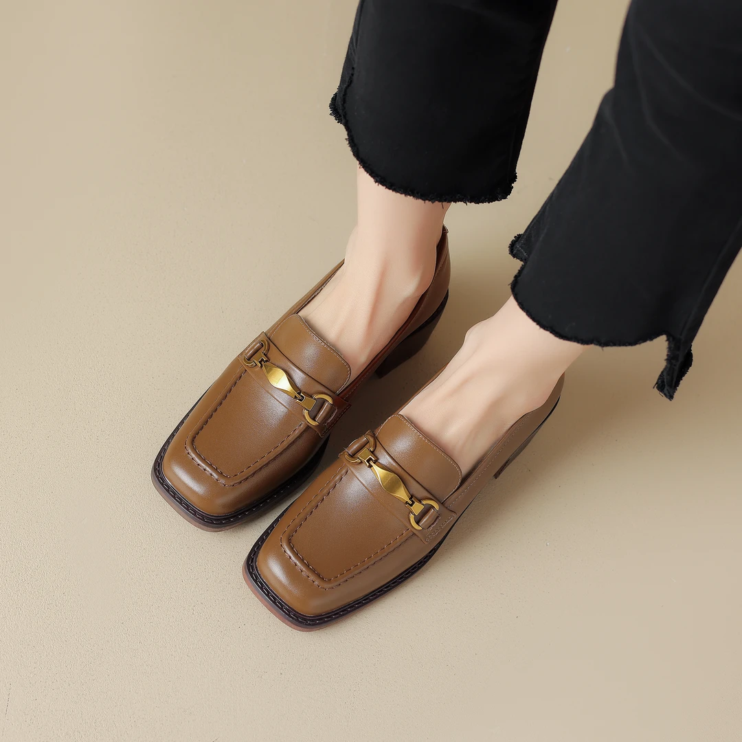 2025秋季新款时尚简约百搭真皮女士矮跟舒适女鞋单鞋乐福鞋-8627