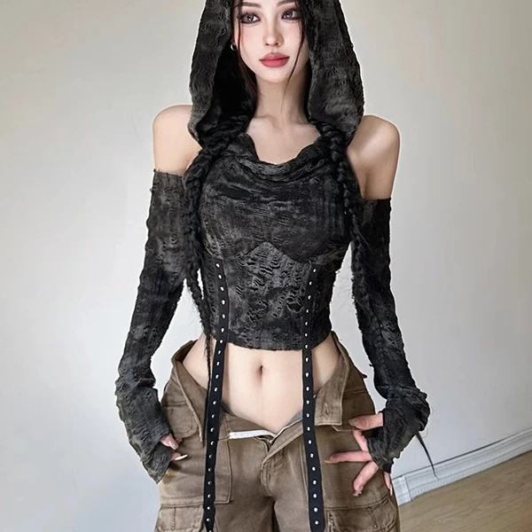 废土风露肩性感连帽长袖上衣女修身显瘦设计感辣妹风短款露脐t恤
