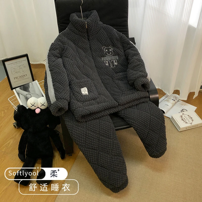 睡衣男冬季加厚加绒甜美2023新款法兰绒珊瑚绒家居服三层夹棉套装