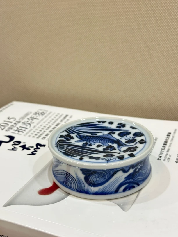 元煦窑青花手绘鱼藻纹盖置放置盖子