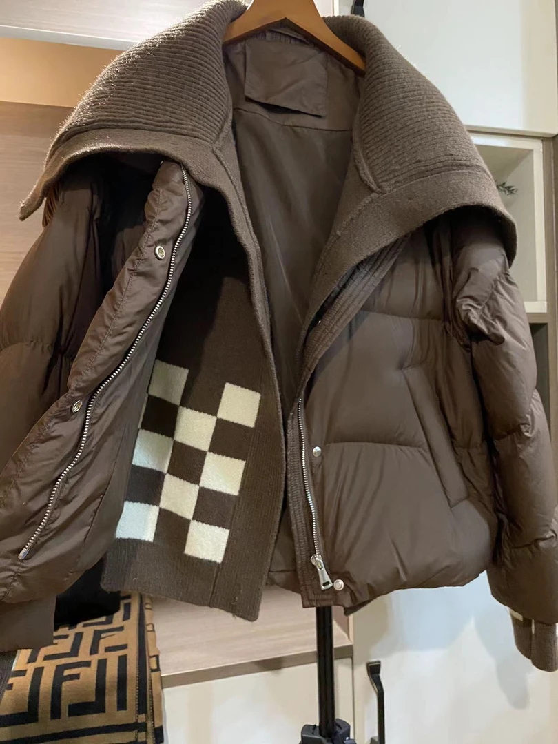 2023冬季短款拼接针织翻领羽绒服假两件美拉德棋盘格【23ZB206】