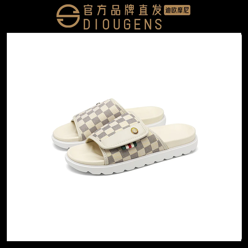 DIOUGENS/迪欧摩尼奢品棋盘格拖鞋男女新款高级感一字拖防滑凉拖