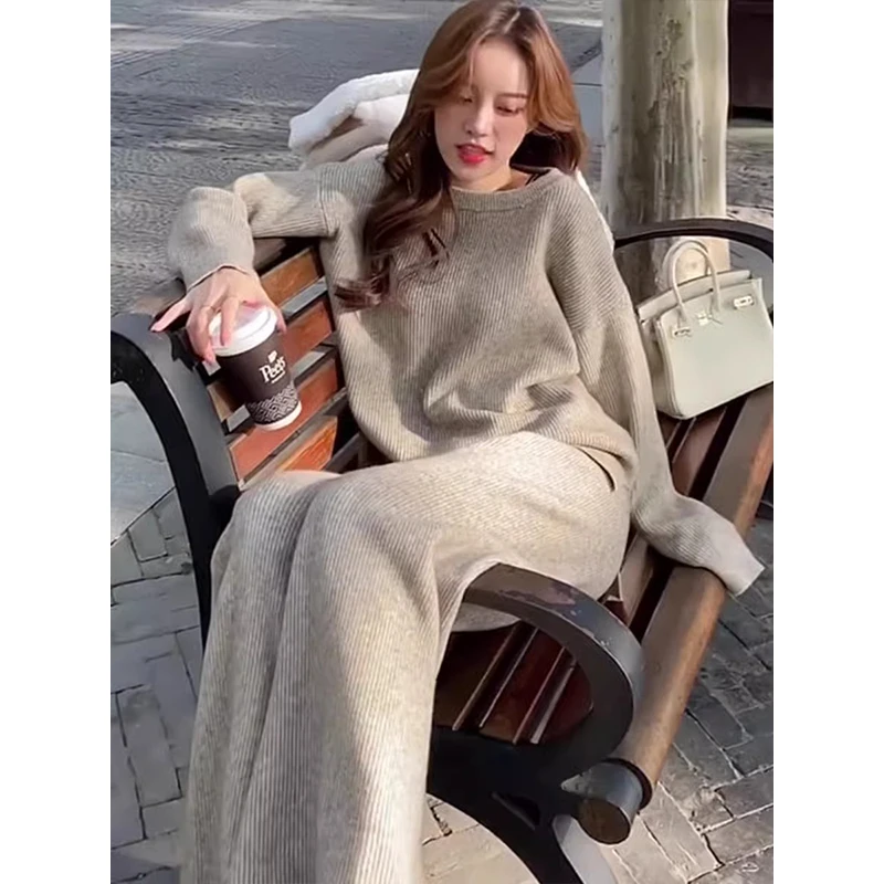 2024年秋冬新款高端时尚休闲针织套装女韩版宽松毛衣阔腿裤两件套