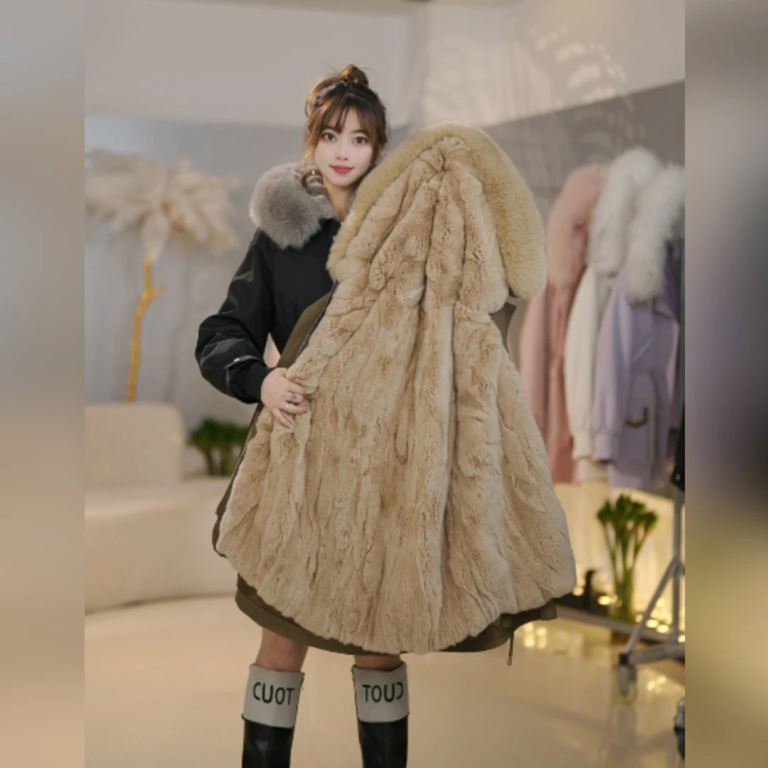 【温香玉獭兔毛】时尚女装冬季新款一衣三穿派克服可拆卸