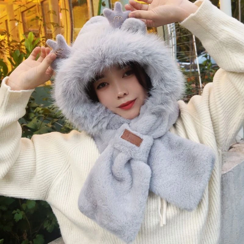 女冬季加绒加厚可爱毛绒鹿角帽保暖百搭户外一体两件套护耳套头帽